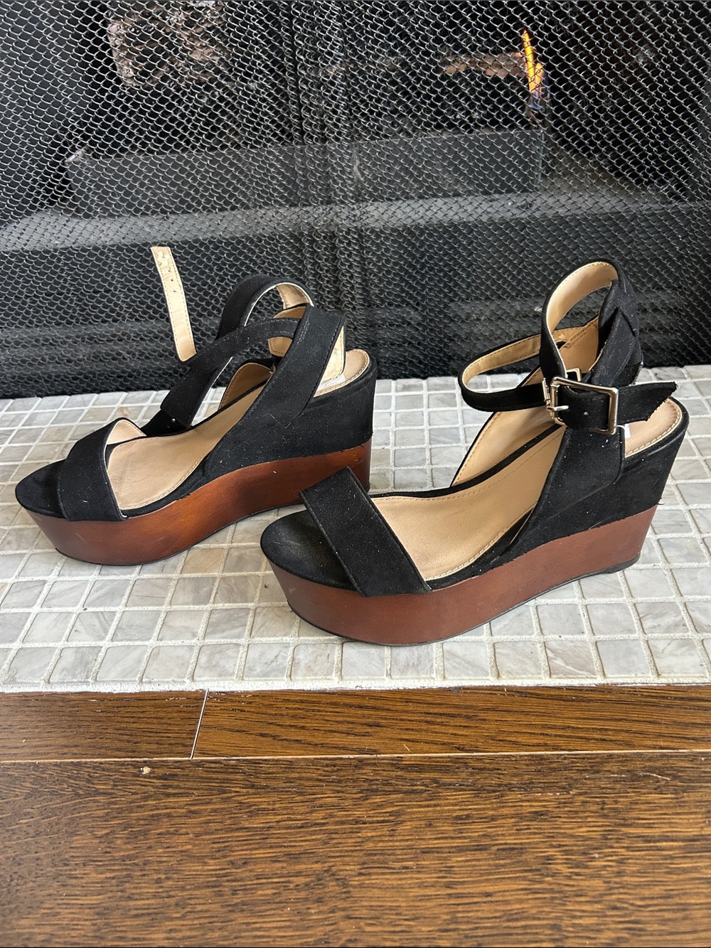 Zara Wood and Suede Platform Sandals